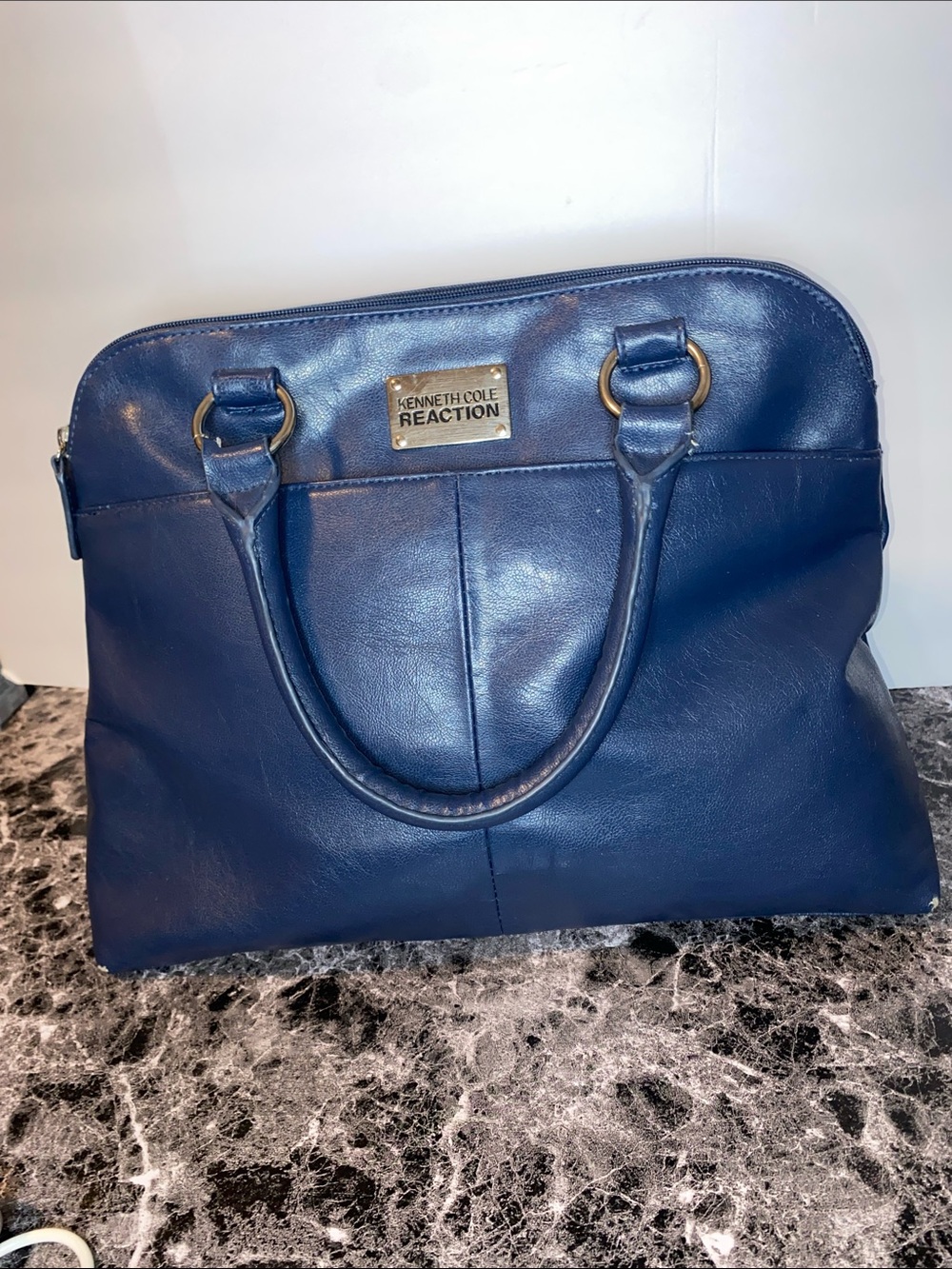 Kenneth Cole Reaction Navy Leather Top-Handle Satchel with Gold Plaque